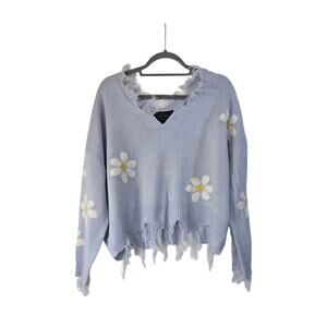 Polly & Esther Light Blue Daisy Distressed Crop Sweater, Women's Size Large